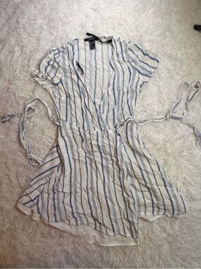 Forever 21 White and Light Blue Striped Wrap Dress